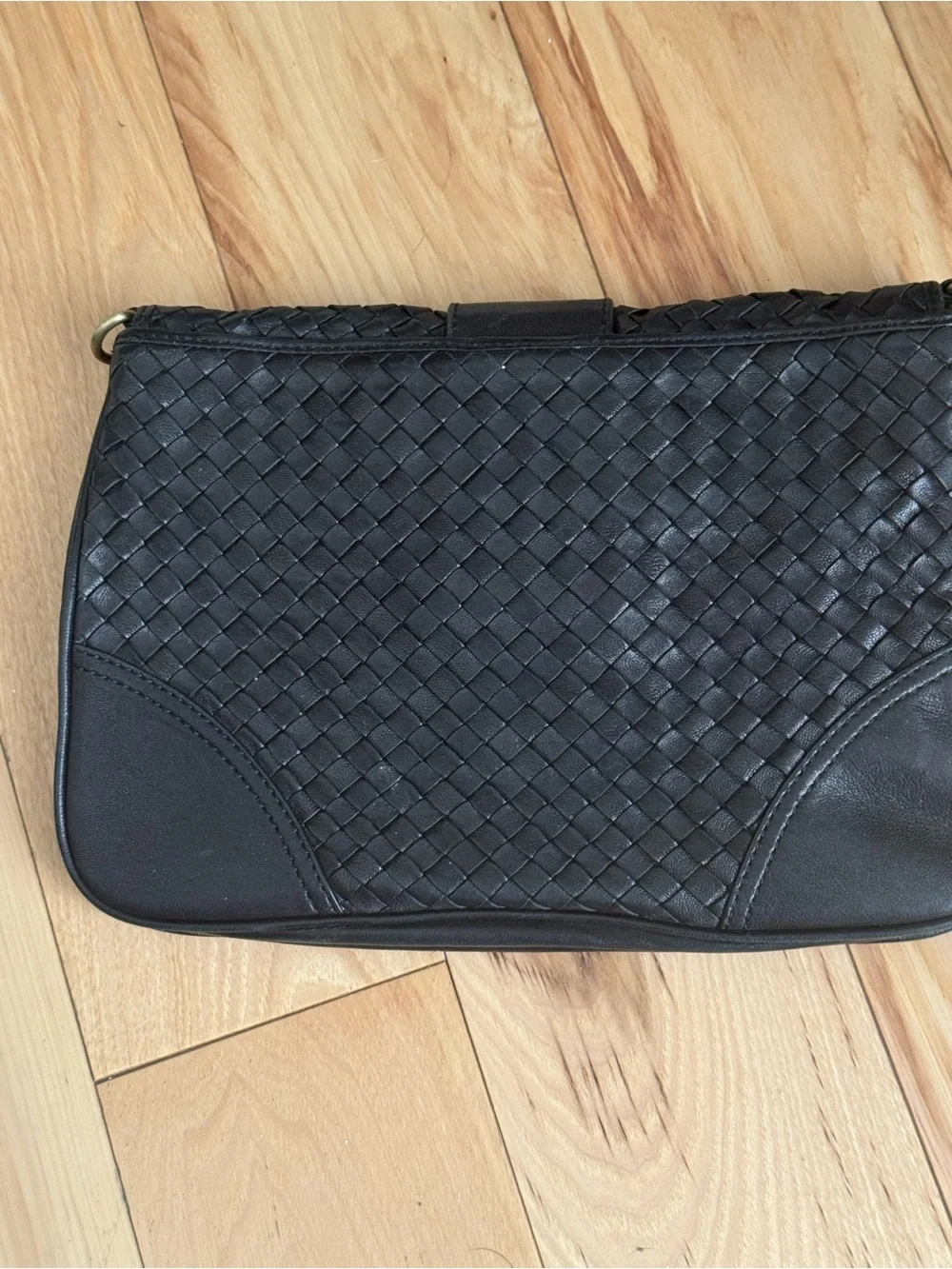Black Woven Leather Clutch Bag with Gold-Tone Clasp and D-rings to attach strap
